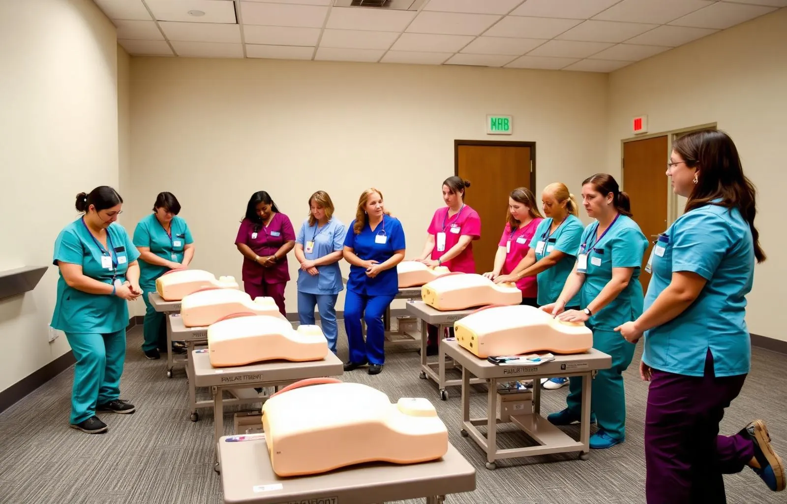 Group of hospital nurses practicing CPR on training manikins in an on-site session